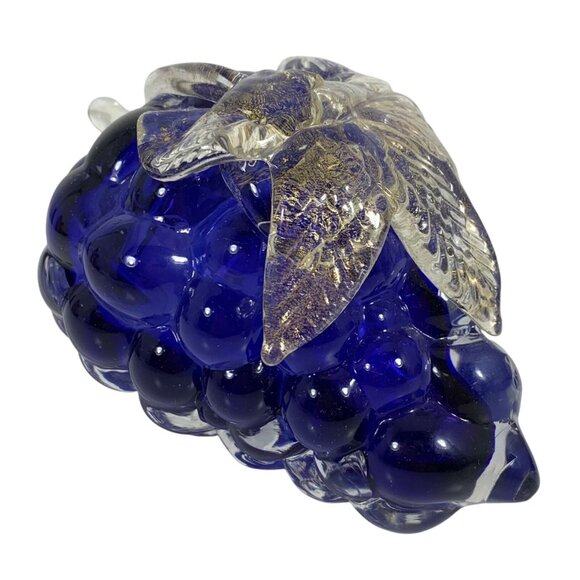 Vintage Handcrafted Blue Glass Grape Figurine Gold Leaf Accents Murano-Style - Picture 2 of 8